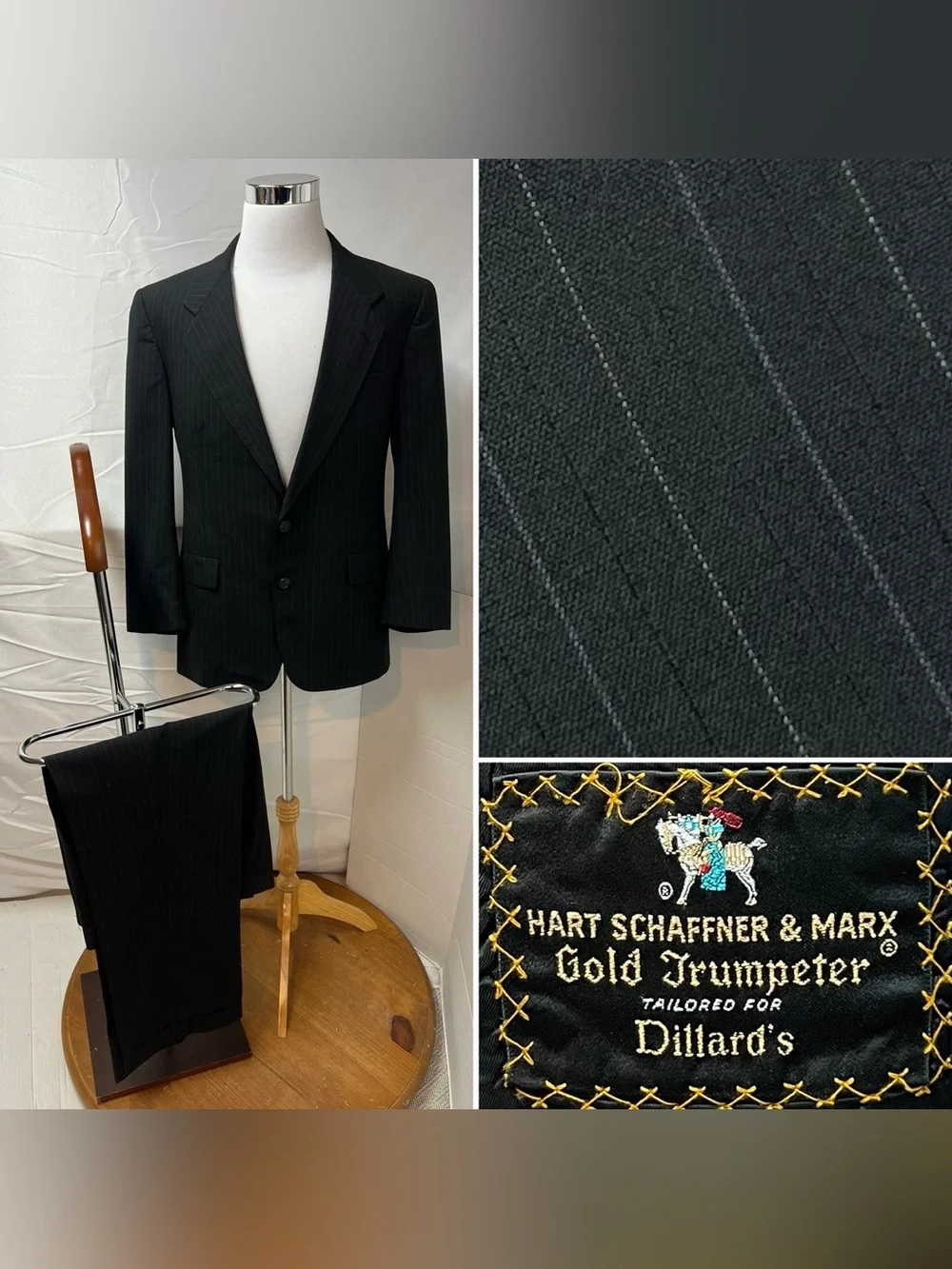 Hart Schaffner Marx Men's 40R Blazer 34x30 Pants Black Pinstripe Trumpeter Suit